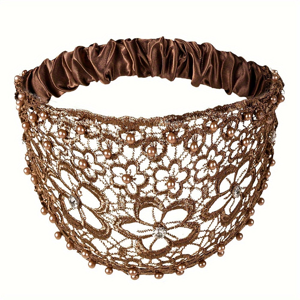 Hollow Lace Flower Pattern Headband Faux Pearl Charms Stretch Headband