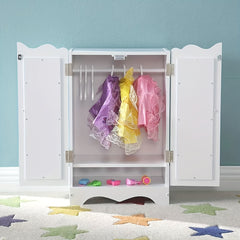 Wooden Dolls Wardrobe with 6 Hangers & Mirror
