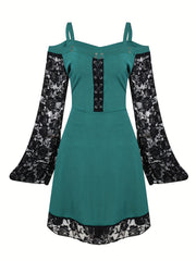  Goth Dress Contrast Lace Bell Sleeve Cold Shoulder Lace Up Dress