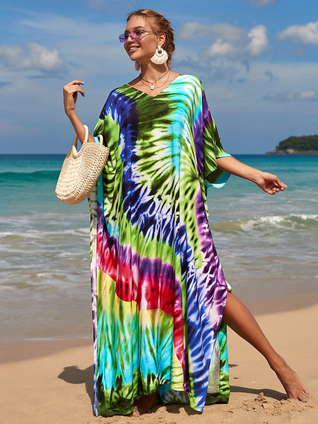  Tie Dye V Neck Cover Up Dress