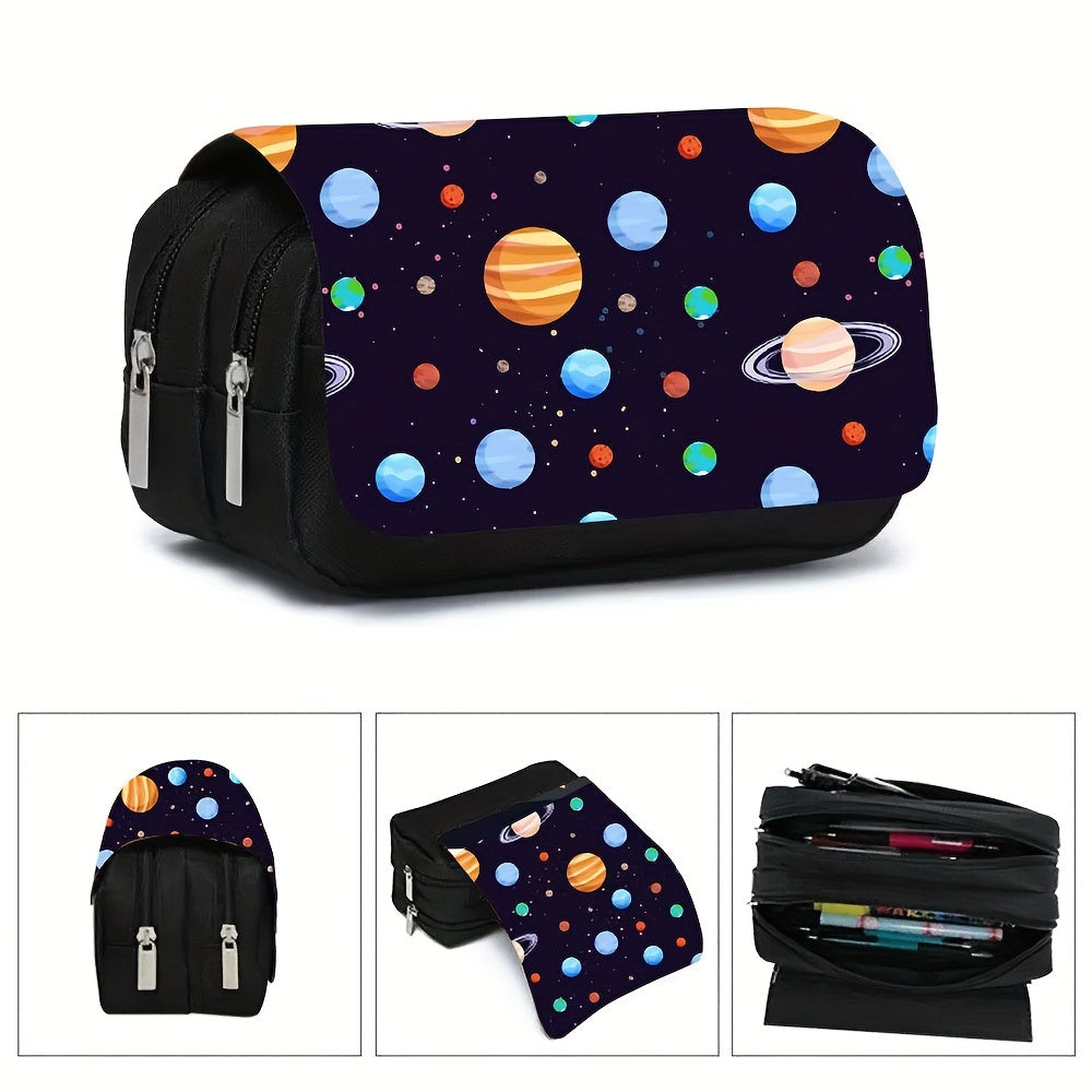 Space Theme Pencil Case with Double Zippers for School Supplies Storage