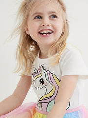 Girls Unicorn Mesh Princess Dress Short Sleeve Cotton TuTu Dress