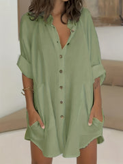  Solid Roll Up Sleeve Mock Neck Button Up Shirt Tunic Top