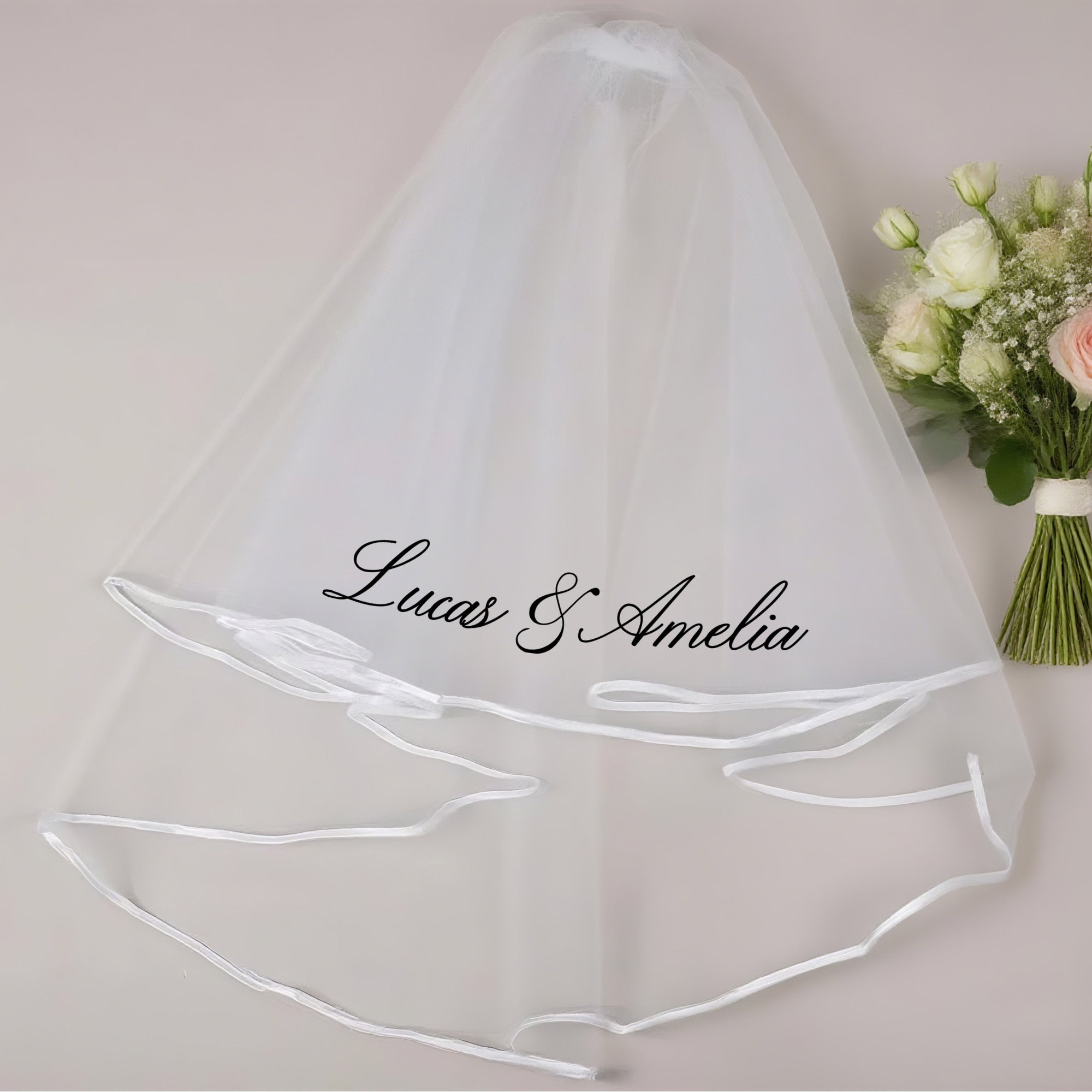 Custom Cursive Name Bridal Veil Sheer Wedding Veil with Train