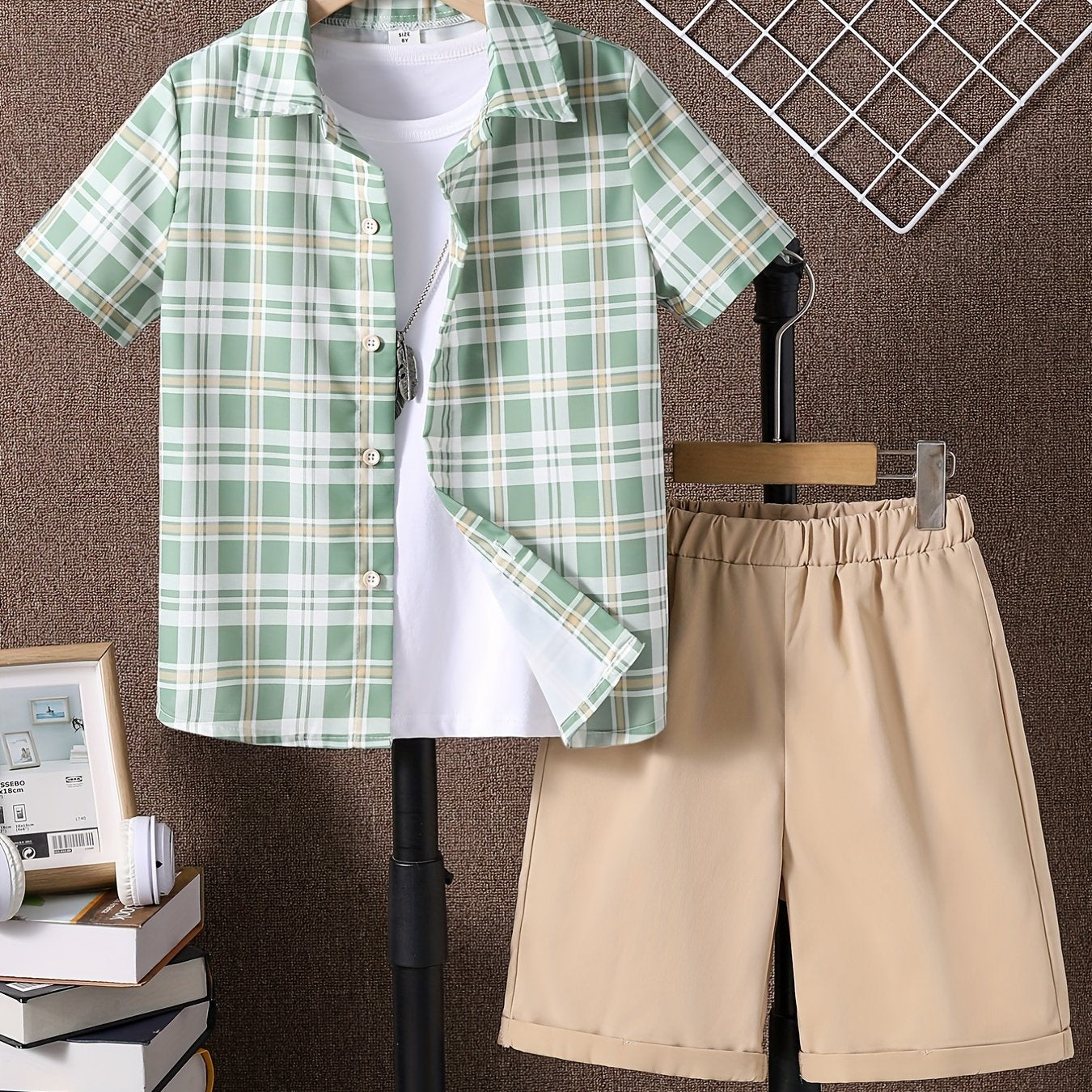 2pcs Boys Casual Plaid Short Sleeve Shirt&Shorts Set Kids Summer Clothing