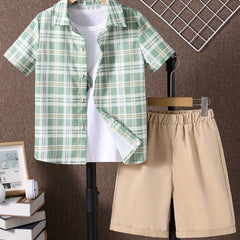 2pcs Boys Casual Plaid Short Sleeve Shirt&Shorts Set Kids Summer Clothing