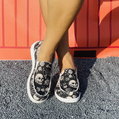 Floral & Skull Slip On Canvas Shoes Halloween Loafers