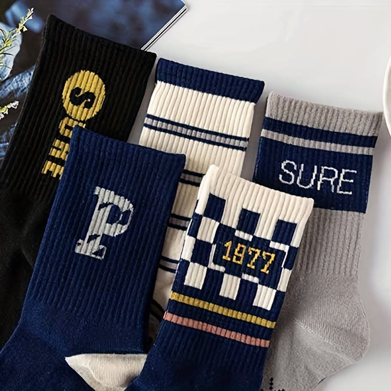 5 Pairs Letter & Striped Print Socks Women's Stockings