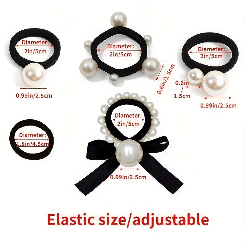 5pcs Faux Pearl Hair Tie Bowknot Hair Rope Ponytail Holder Hair Accessories