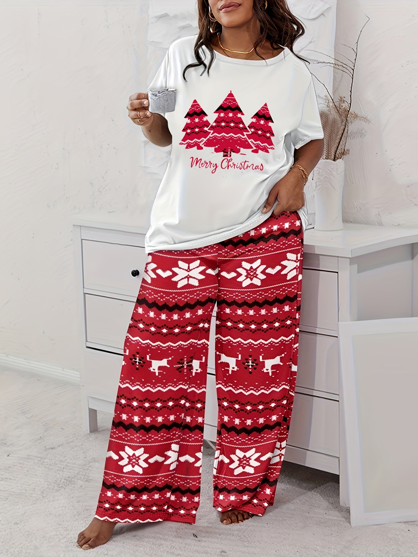 Christmas Tree Print Tee & Pants Pajama Set