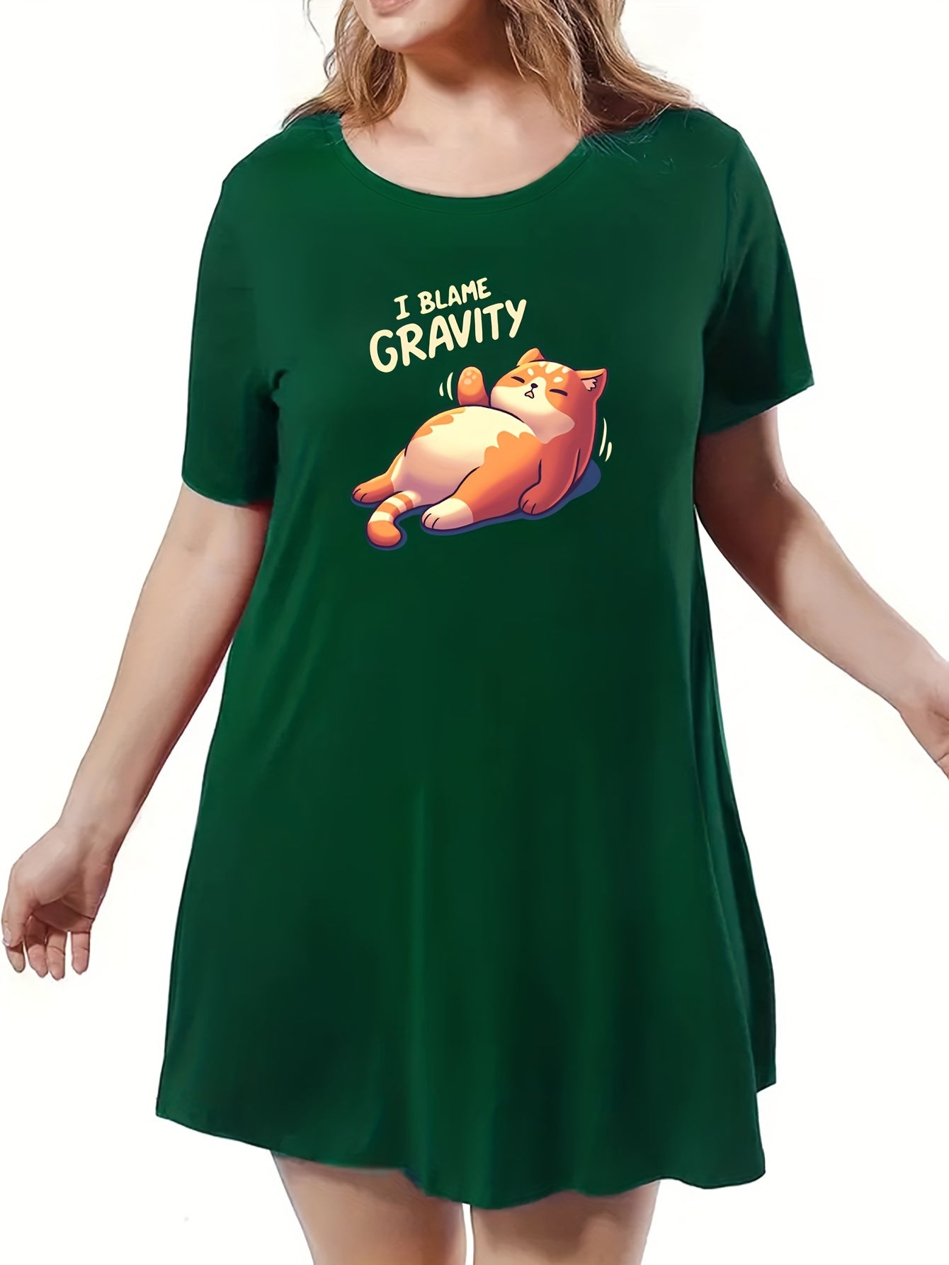  Cat Print Short Sleeve Tee Sleep Dress