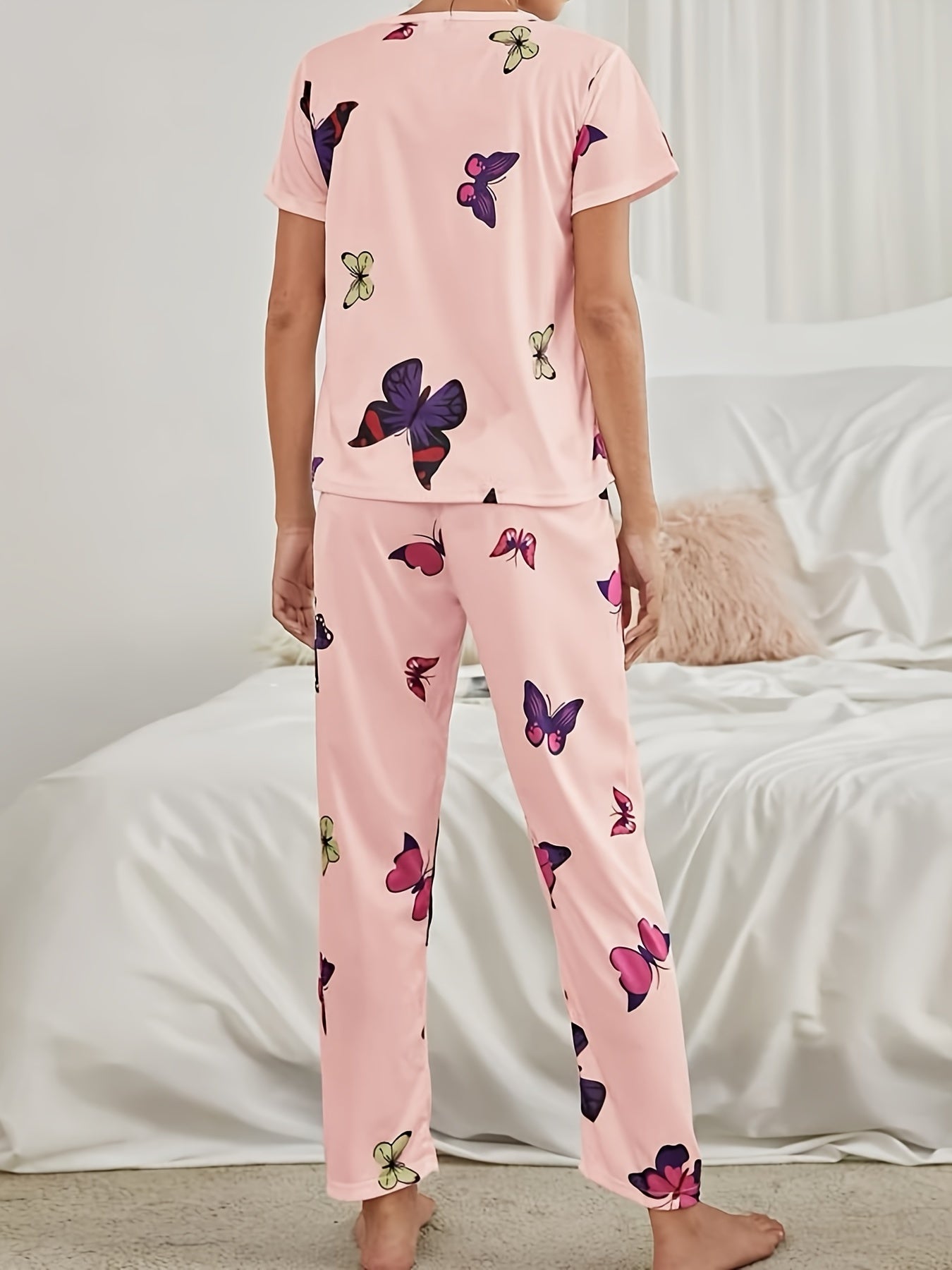 Butterfly Print Pajama Set Short Sleeve Top & Elastic Waistband Pants
