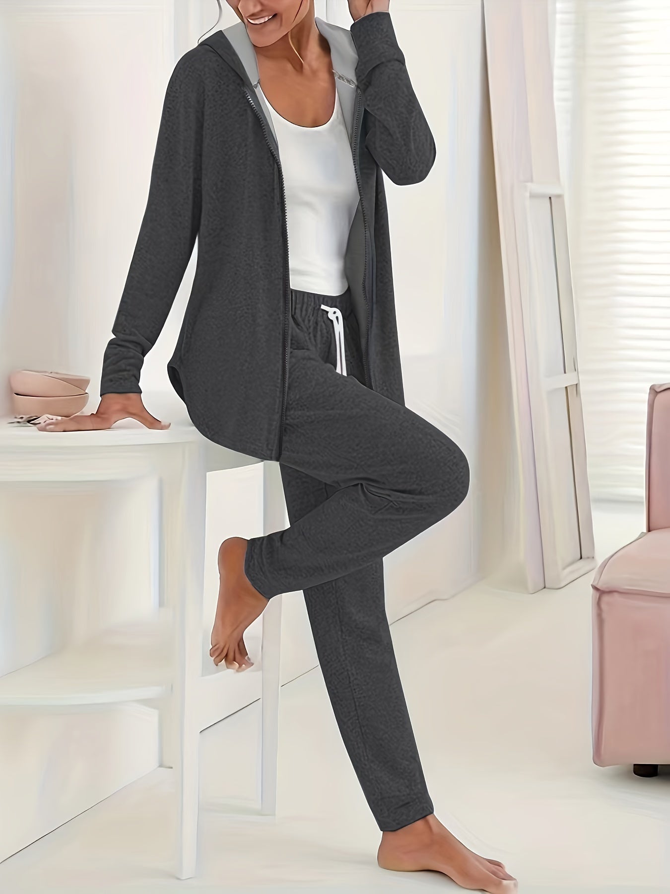  Solid Hooded Zip Coat & Drawstring Pants Set