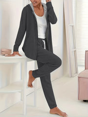  Solid Hooded Zip Coat & Drawstring Pants Set
