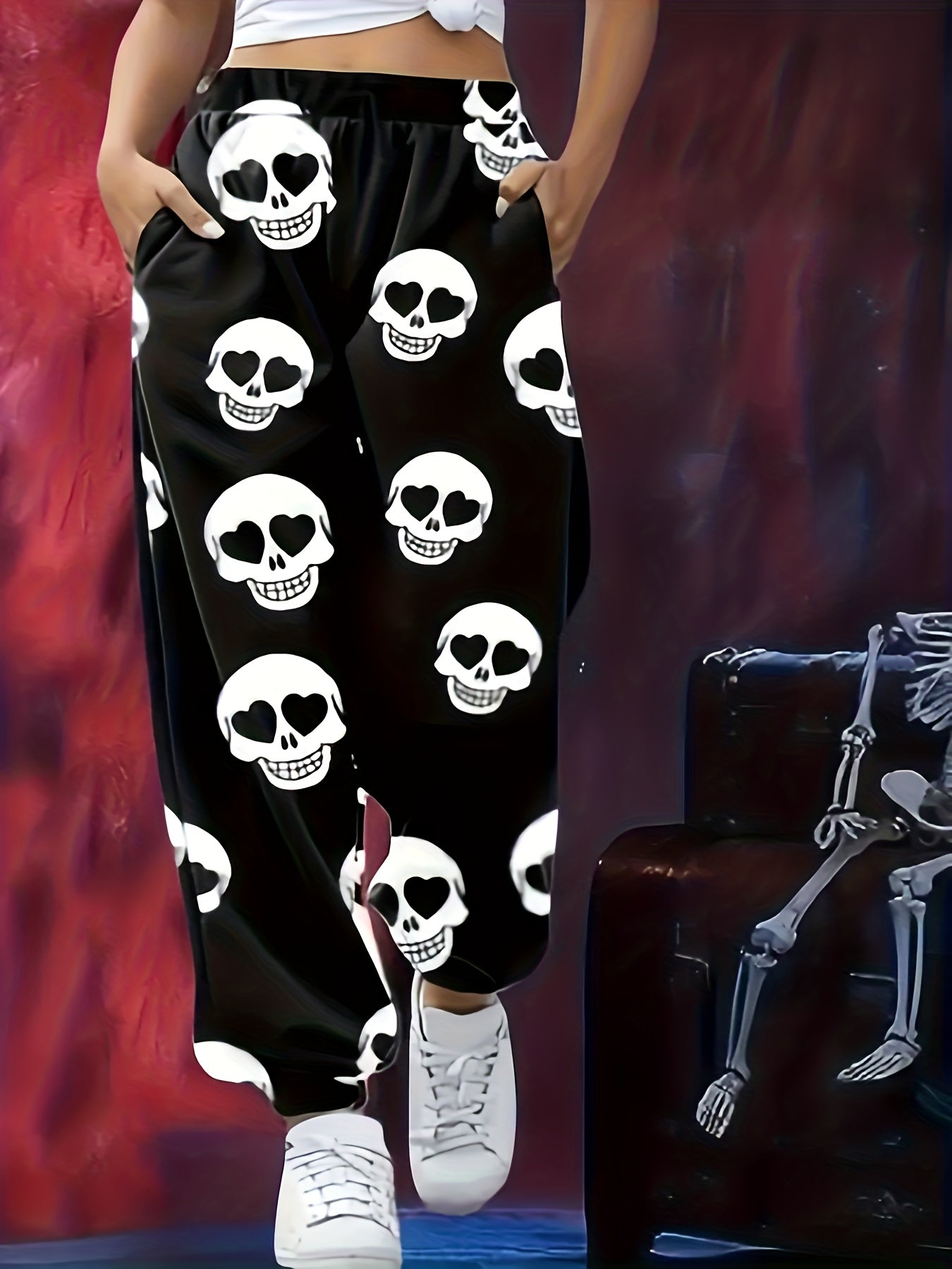  Funny Skull Print High Rise Jogger Pants