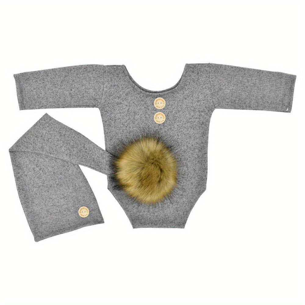 Newborn Baby Photo Props Suit with Fur Ball Long-tailed Cap