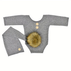 Newborn Baby Photo Props Suit with Fur Ball Long-tailed Cap
