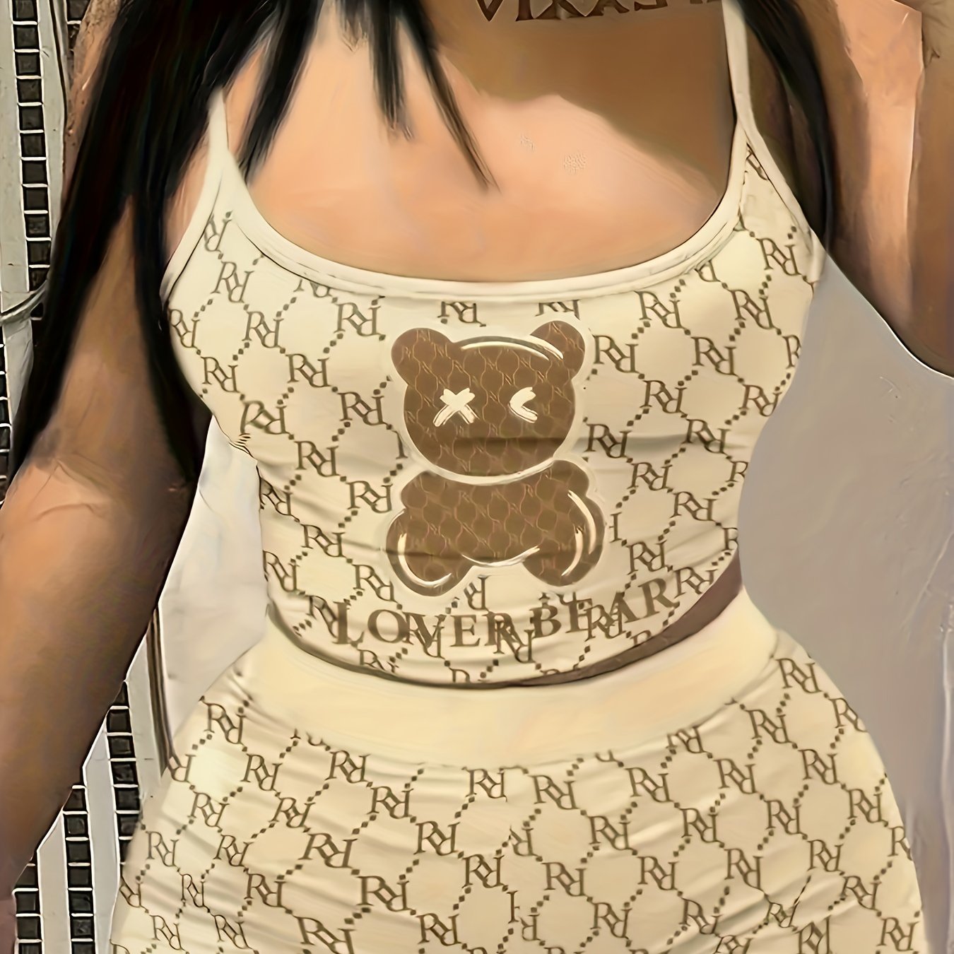 Teddy Bear Print Two Piece Set Cami Top & Slim Shorts