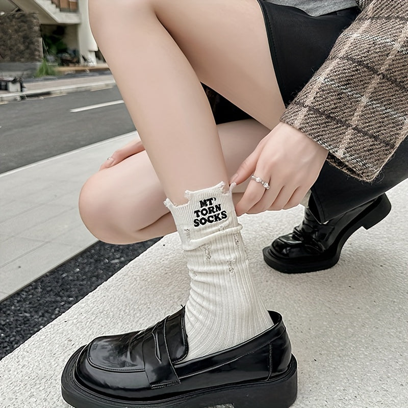 4 Pairs Letter Print Ripped Socks Comfy & Breathable Mid Tube Socks