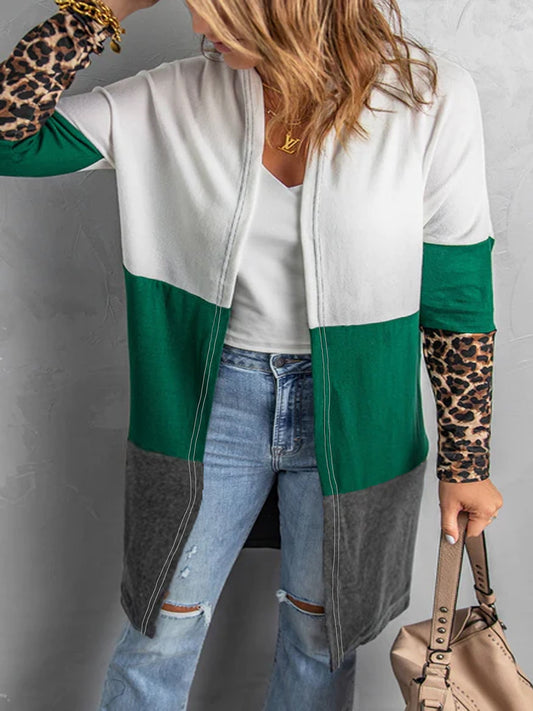  Colorblock Leopard Print Long Sleeve Open Front Cardigan