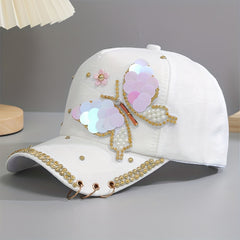 Y2K Butterfly Baseball Cap Rhinestone Sequin Pearl Cotton Hat