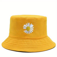 Daisy Flower Embroidery Bucket Hat Reversible Sunscreen Beach Cap Women