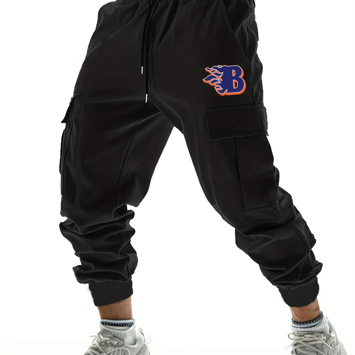 Men's B Letter Print Cargo Joggers, Spring/Fall Outdoor Pants