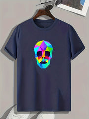 Block Skull Print Men's Graphic T shirt for Summer