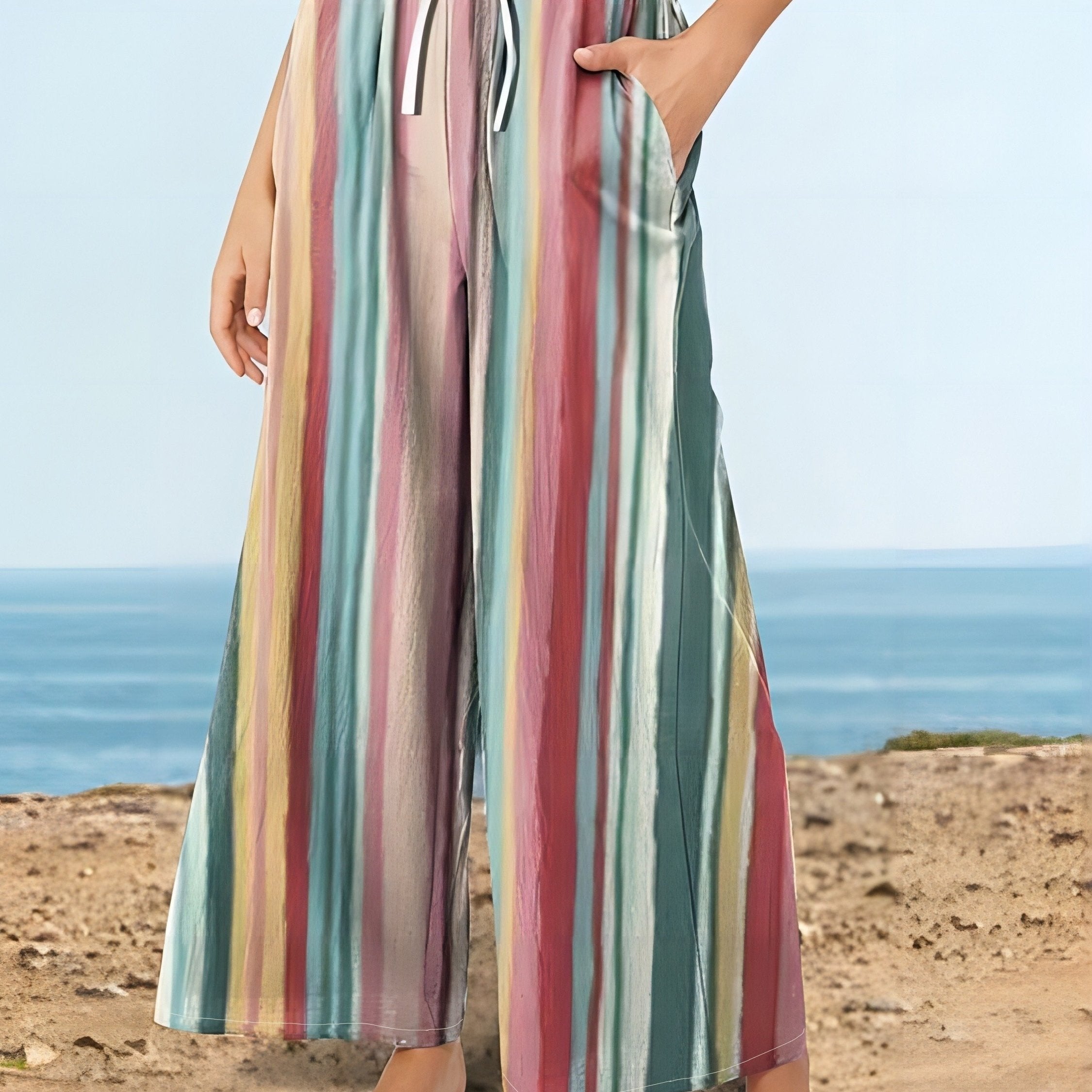  Casual Pants Women's Plus Stripe Wide Leg Trousers