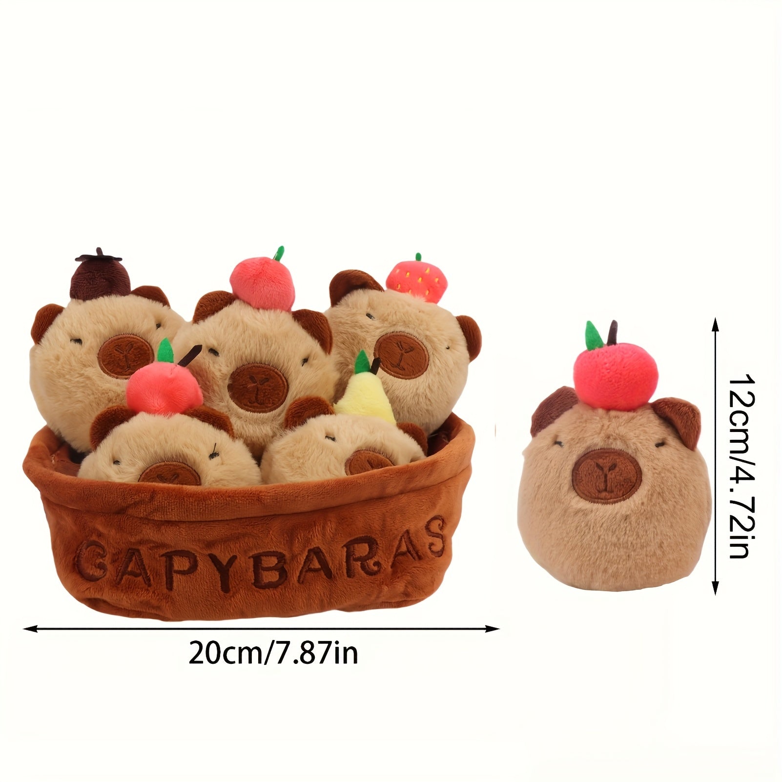 6pcs Whimsical Plush Toy Basket Set Capybara Cat Dinosaur Axolotl & Fruit