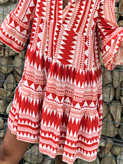  Geometric Print Button Up V Neck Loose Mini Dress