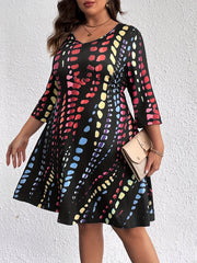  Tie Dye Three Quarter Sleeve V Neck Dress