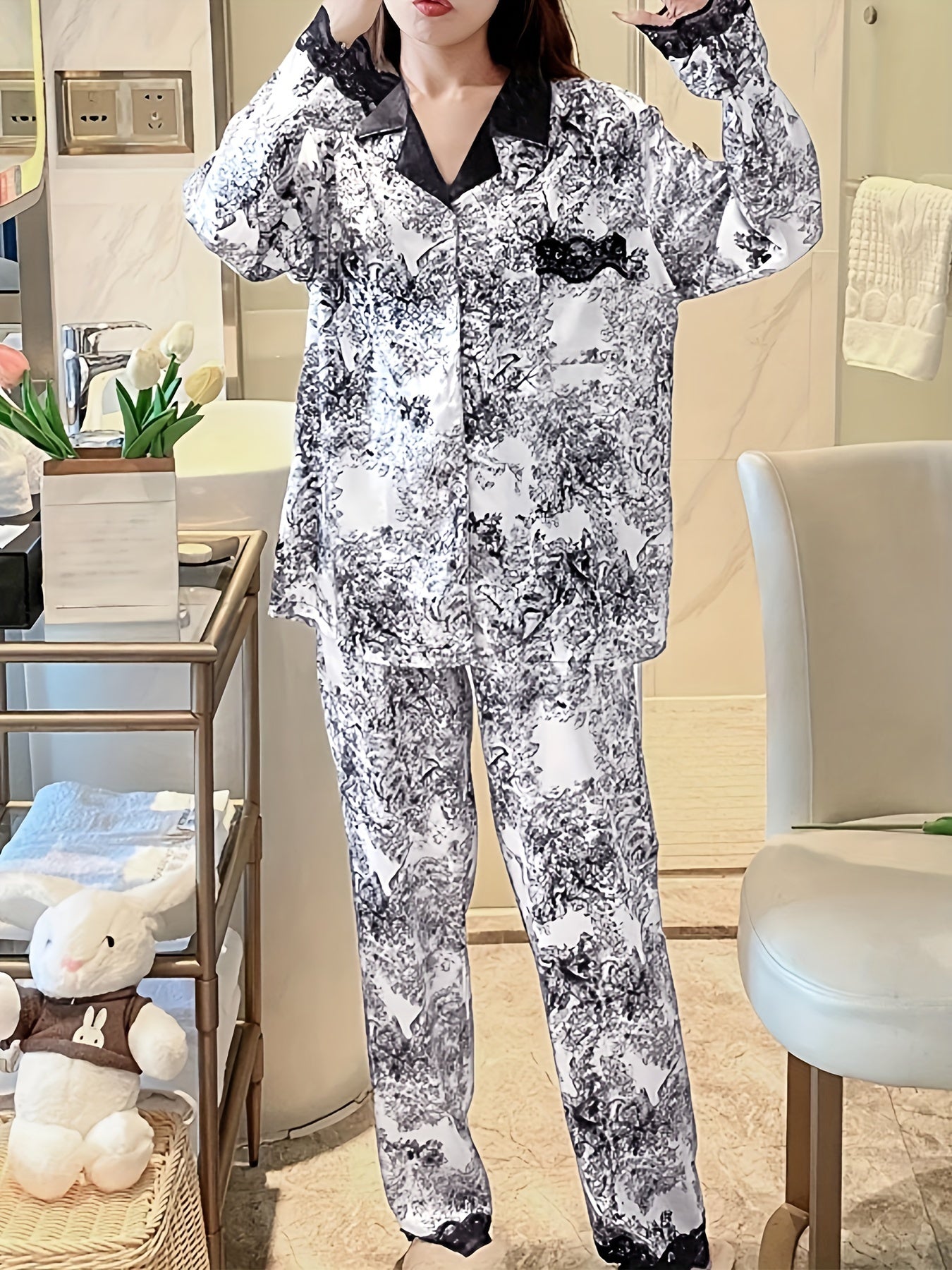 Lace Trim Lounge Set Long Sleeve Top & Pants