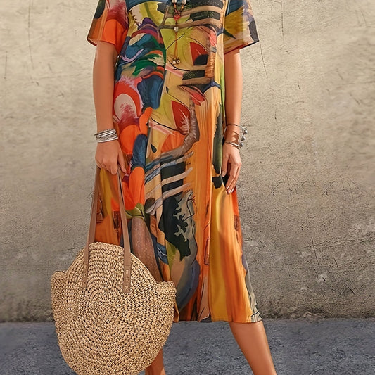  Painting Print Short Sleeve Midi Dress