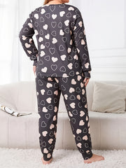 Women's Plus Heart Print Pajamas Set Long Sleeve Tee & Joggers Lounge Set