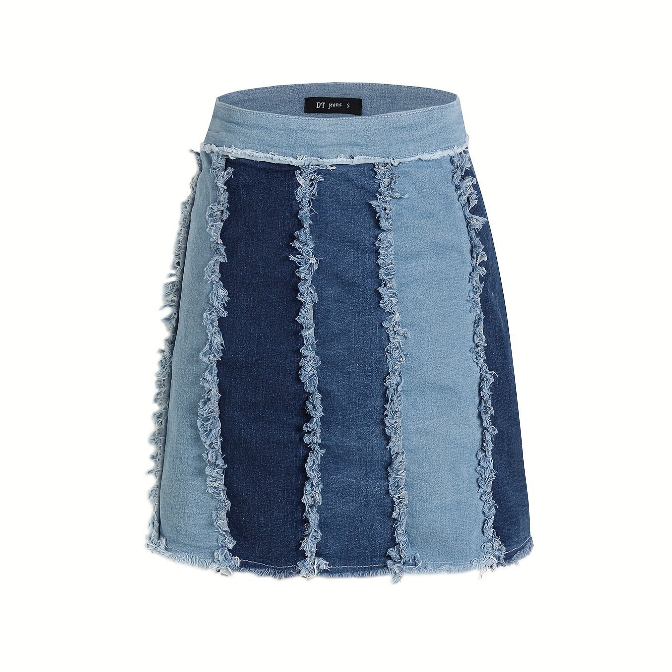 Colorblock Frayed Trim Denim Mini Skirt Patchwork Street Style