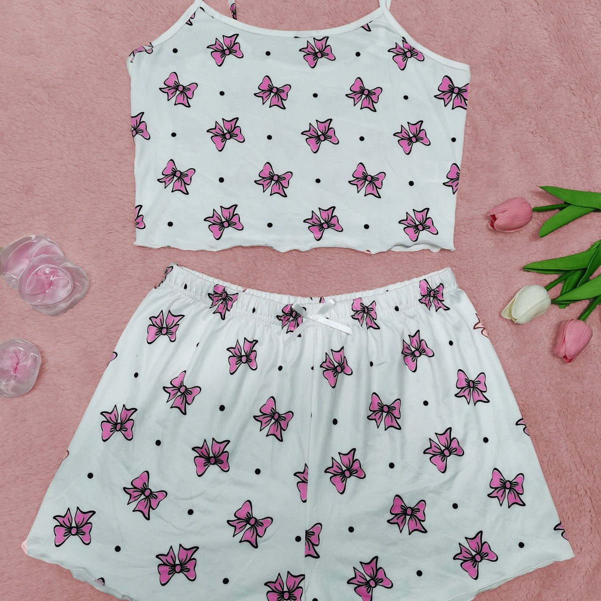 Bow Print Pajama Set Crew Neck Cami Top & Shorts Sleepwear Loungewear