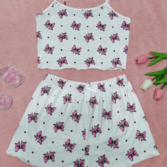 Bow Print Pajama Set Crew Neck Cami Top & Shorts Sleepwear Loungewear