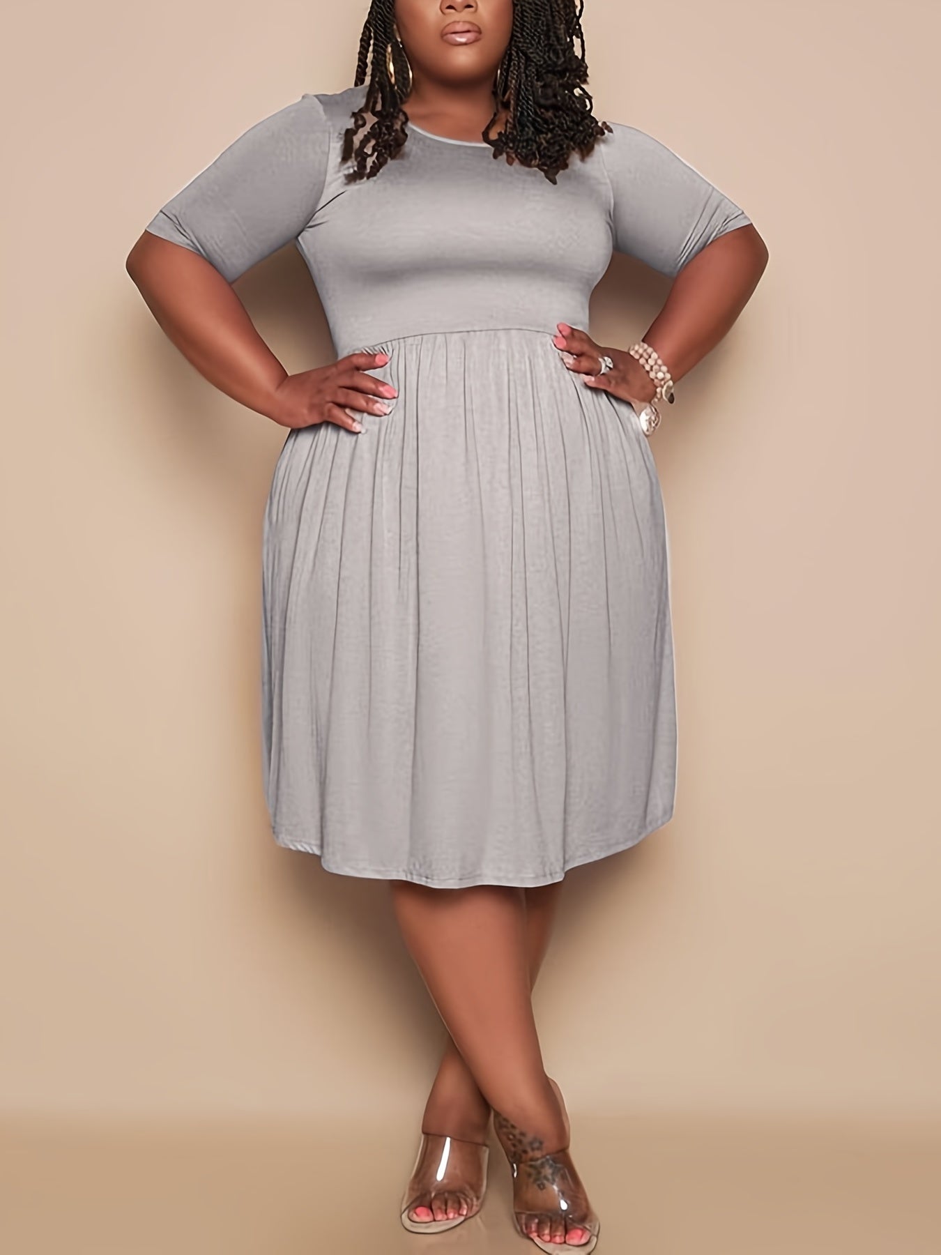  Solid Short Sleeve Smock Midi Dress