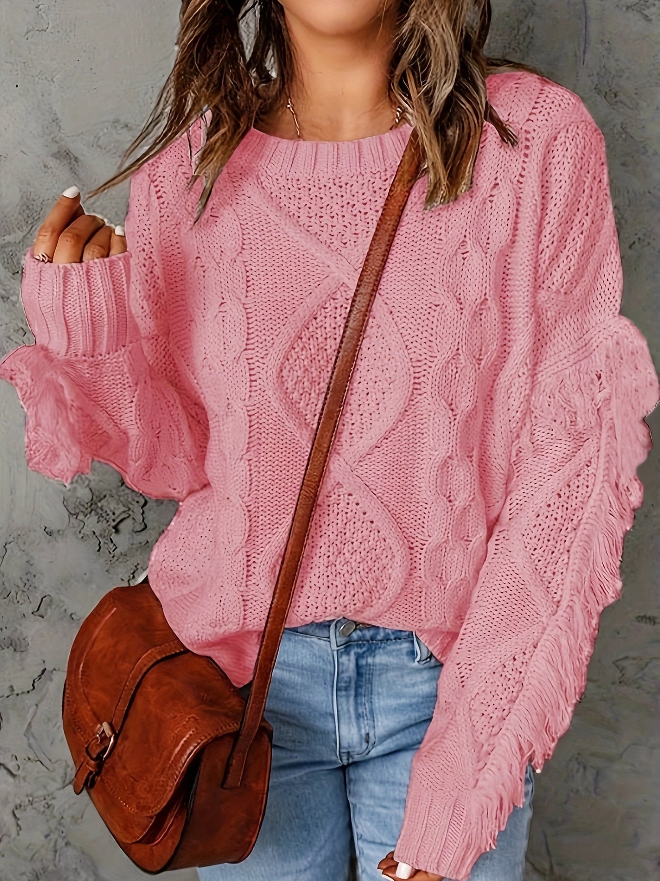  Solid Cable Long Sleeve Sweater with Fringe Trim