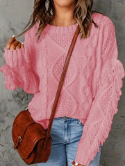  Solid Cable Long Sleeve Sweater with Fringe Trim