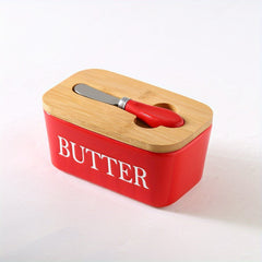 Ceramic Butter Dish with Bamboo Lid and Butter Keeper Container