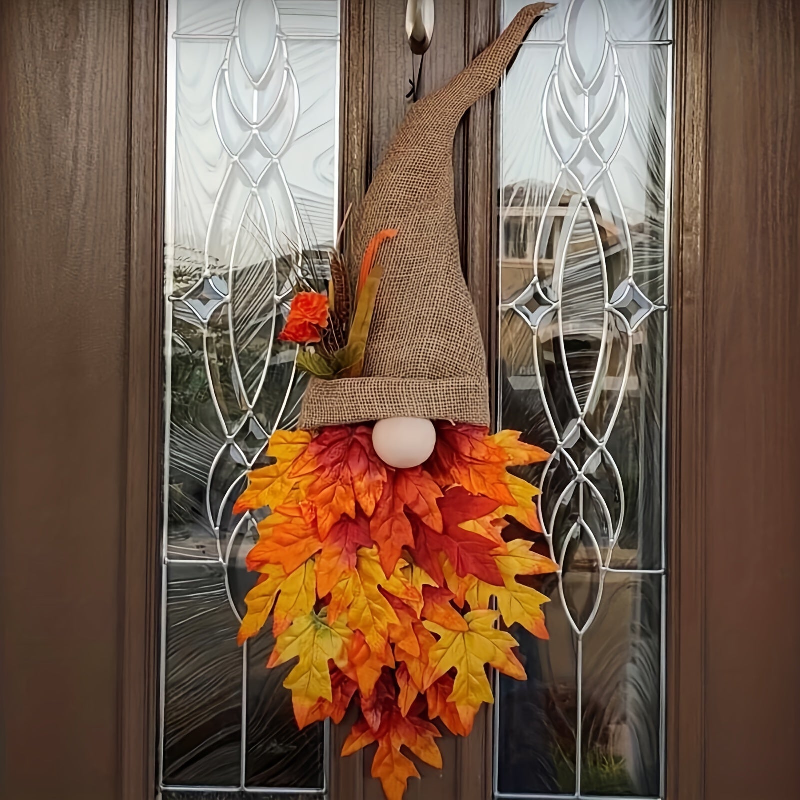 Fall Wreath Hat with Faux Maple Wood Beads for Front Door