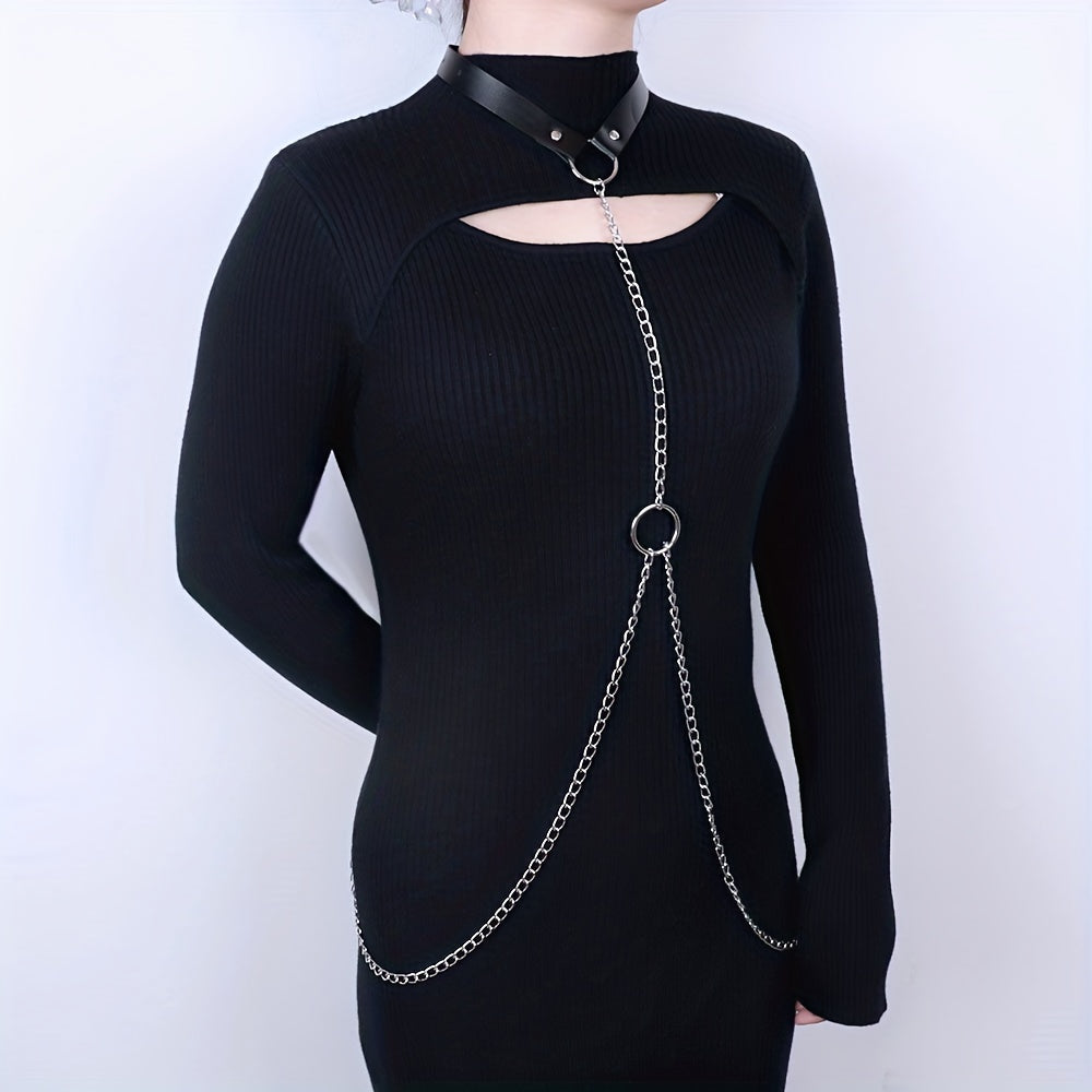 Chain Fringe Harness Punk Rivet PU Leather Waistband Neck Harness