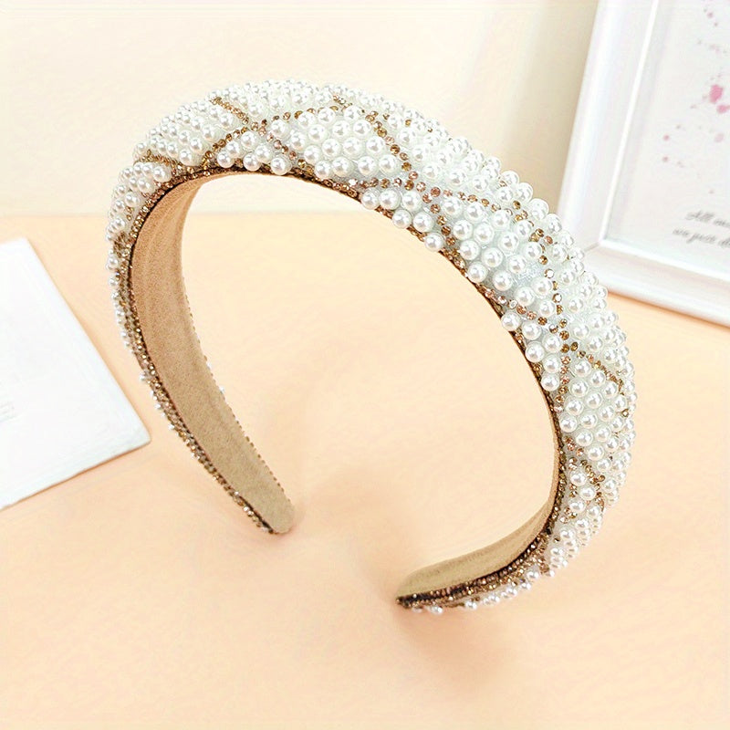 Plaid Headband Faux Pearl Sponge Padded Headdress