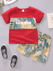 Boy Shorts Hawaiian Outfit Leaves Floral Shirt & Shorts Set