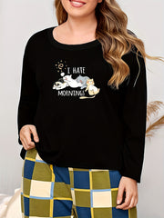  Cat Print Long Sleeve Lounge Top