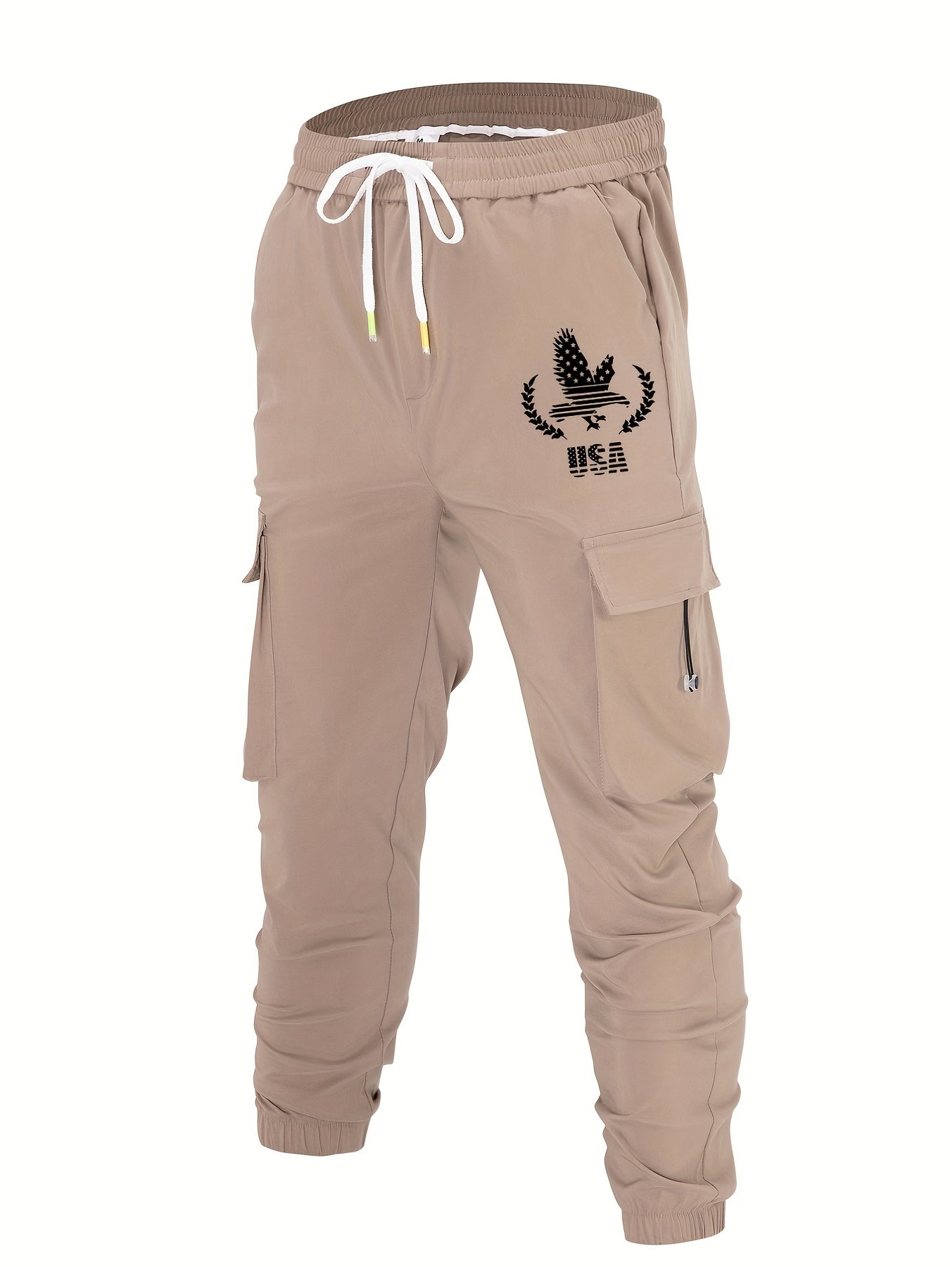 Eagle Print Classic Cargo Pants Men's Loose Fit Drawstring Solid Joggers
