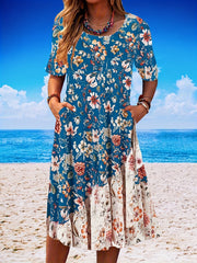 Floral Print Short Sleeve Round Neck Dress With Pockets