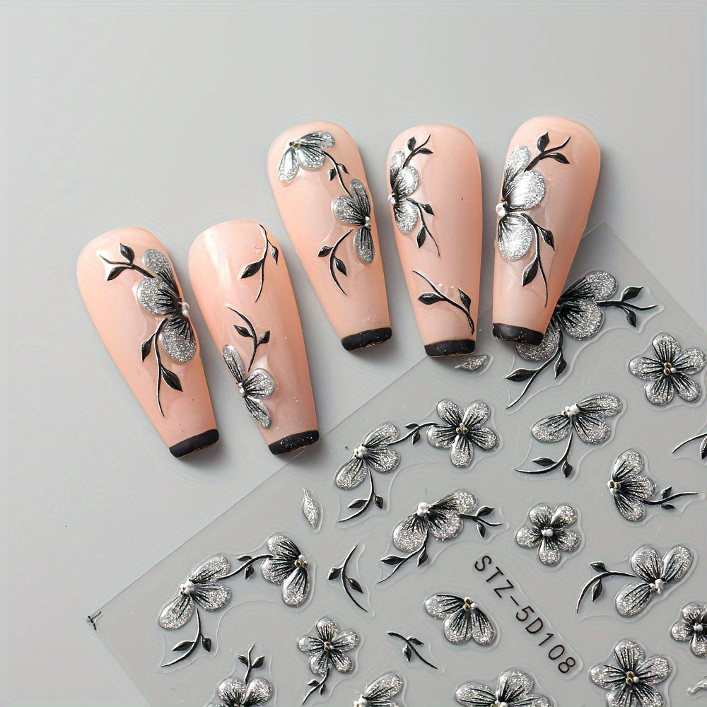 2pcs 5D Floral Nail Art Stickers Set Acrylic Flowers Decals with Glitter